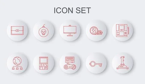 Set line Joystick for arcade machine, Computer network, monitor, Ancient key Stock Illustration