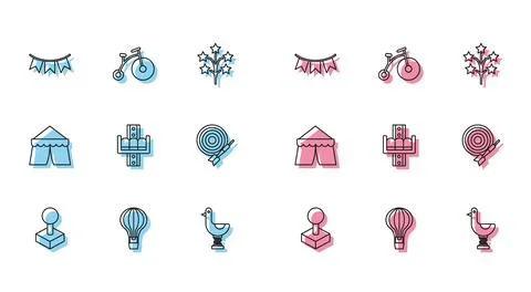 Set line Joystick for arcade machine, Carnival garland with flags, Riding kid Stock Illustration