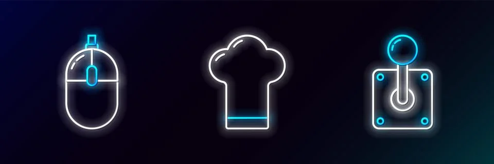 Set line Joystick for arcade machine, Computer mouse and Chef hat icon. Glo.. Stock Illustration