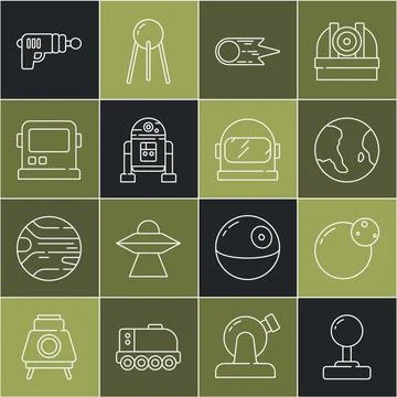 Set line Joystick, Planet, Earth globe, Comet falling down fast, Robot, Ast.. Stock Illustration