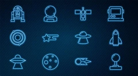 Set line Joystick Rocket ship Satellite Falling star Solar system Robot UFO f 库存插图
