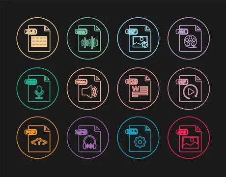 Set line JPG file document, GIF, WMA, OGG, XLS, DOC and WAV icon. Vector Stock-Illustration