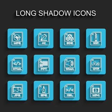 Set line JPG file document, EPS, MP3, XSL, MP4, PPT, OTF and WMA icon. Vector Illustrazione stock