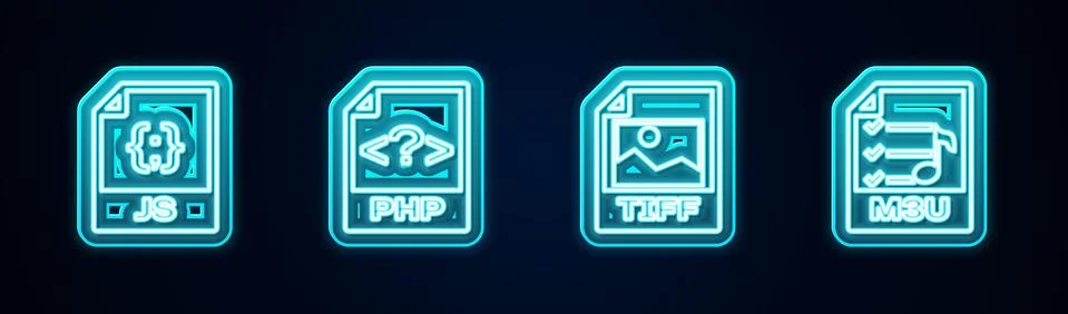 Set line JS file document, PHP, TIFF and M3U. Glowing neon icon. Vector Stockillustratie