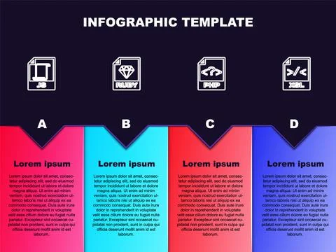 Set line JS file document, RUBY, PHP and XSL. Business infographic template Stock Illustration