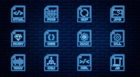 Set line JS file document, DLL, GIF, CSS, RUBY, HTML, MAX and PNG icon. Vector Illustration