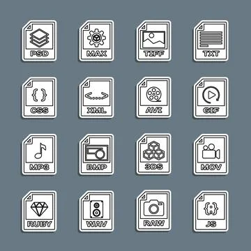 Set line JS file document, MOV, GIF, TIFF, XML, CSS, PSD and AVI icon. Vector Illustration