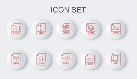 Set line JS file document, MP3, MOV, PHP, TIFF, ZIP, CSS and icon. Vector 스톡 일러스트