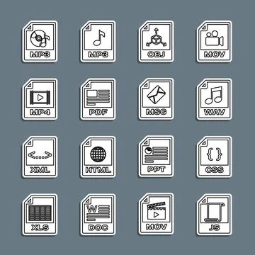 Set line JS file document, CSS, WAV, OBJ, PDF, MP4, MP3 and MSG icon. Vector Stock Illustration