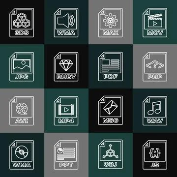Set line JS file document, WAV, PHP, MAX, RUBY, JPG, 3DS and PDF icon. Vector イラスト素材