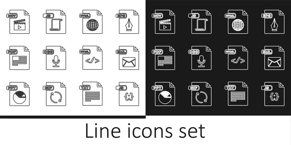 Set line JS file document, EML, HTML, OGG, PDF, MOV, and icon. Vector Stock Illustration