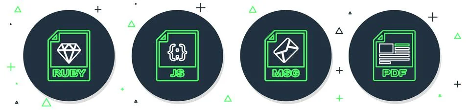 Set line JS file document, MSG, RUBY and PDF icon. Vector Stock Illustration