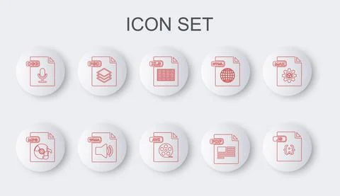 Set line JS file document, MP3, XLS, PDF, OGG, PSD, WMA and AVI icon. Vector Stockillustratie