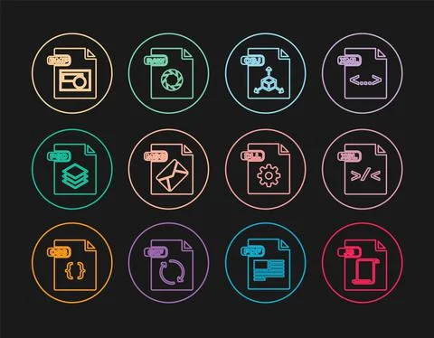 Set line JS file document, XSL, OBJ, MSG, PSD, BMP, DLL and RAW icon. Vector Stock Illustration
