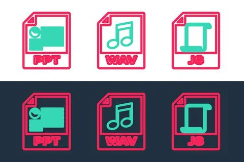 Set line JS file document, PPT and WAV icon. Vector Stock Illustration