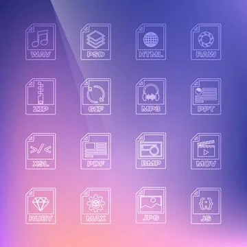 Set line JS file document, MOV, PPT, HTML, GIF, ZIP, WAV and MP3 icon. Vector Stock Illustration