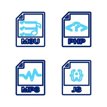 Set line JS file document, MP3, PHP and M3U icon. Vector イラスト素材