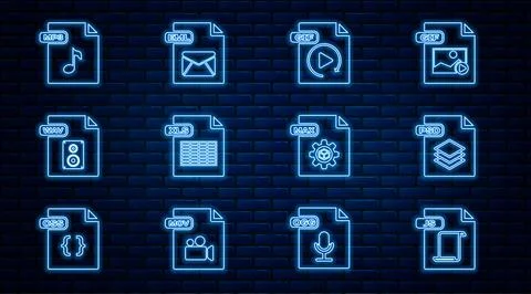 Set line JS file document, PSD, GIF, XLS, WAV, MP3, MAX and EML icon. Vector 库存插图