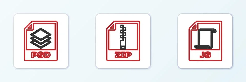 Set line JS file document, PSD and ZIP icon. Vector Stock Illustration