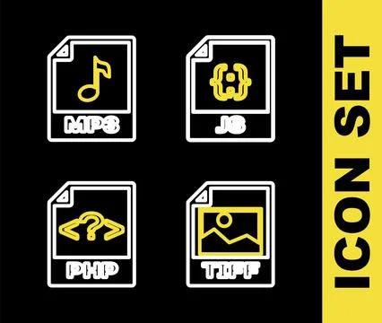 Set line JS file document, TIFF, PHP and MP3 icon. Vector Stock-Illustration