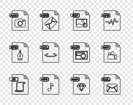 Set line JS file document, EML, GIF, MP3, RAW, XML, RUBY and MOV icon. Vector Illustrazione stock