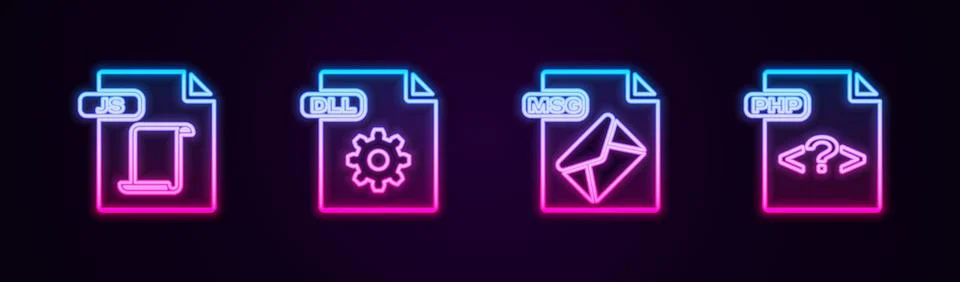 Set line JS file document, DLL, MSG and PHP. Glowing neon icon. Vector Stock Illustration