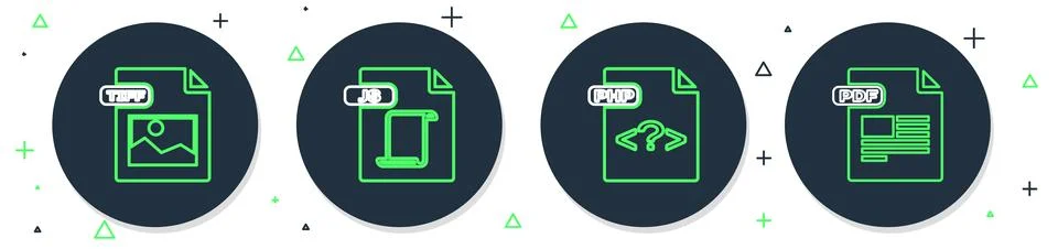 Set line JS file document, PHP, TIFF and PDF icon. Vector Stockillustratie