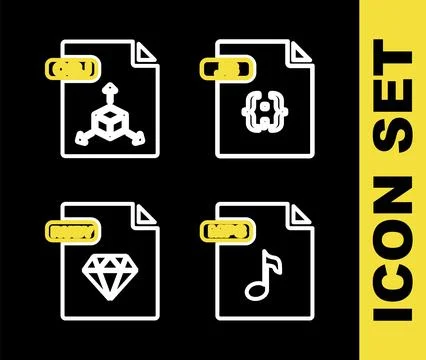 Set line JS file document, MP3, RUBY and OBJ icon. Vector Stock Illustration