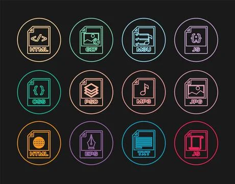 Set line JS file document, JPG, M3U, PSD, CSS, HTML, MP3 and GIF icon. Vector Stock Illustration