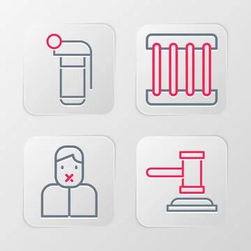 Set line Judge gavel, Censor and freedom of speech, Prison window and Hand .. Ilustración de archivo