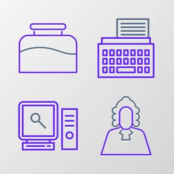 Set line Judge, Search on computer screen, Retro typewriter and Inkwell ico.. Stock Illustration
