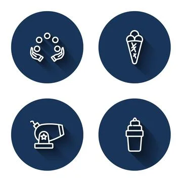 Set line Juggling ball, Ice cream waffle, Cannon and  with long shadow. Blu.. Stock Illustration