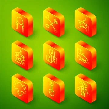 Set line Jump rope, Arrow with sucker tip, Gamepad, Robot toy, ABC blocks, Toy Stock-Illustration