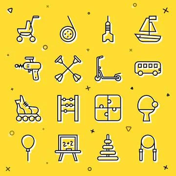 Set line Jump rope, Racket and ball, Bus toy, Dart arrow, Arrow with sucker t Stock-Illustration