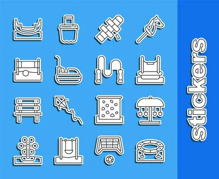 Set line Jumping trampoline, Attraction carousel, Bungee, Hopscotch, Bumper.. Stock Illustration