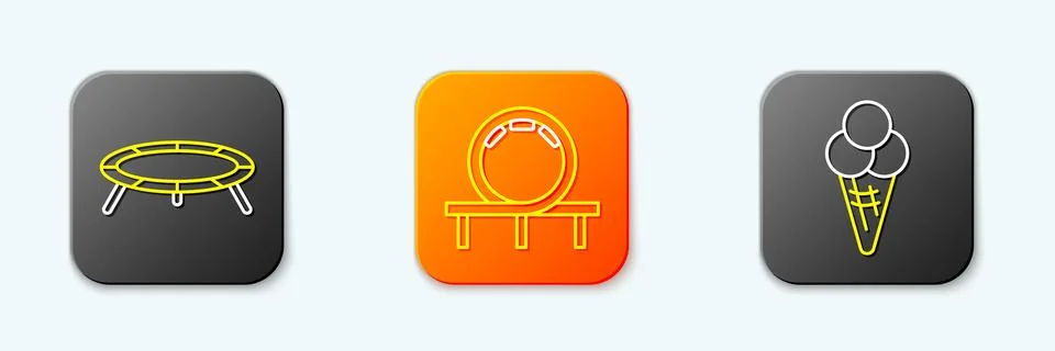 Set line Jumping trampoline, Roller coaster and Ice cream waffle cone icon... Stock Illustration