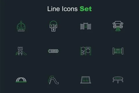Set line Jumping trampoline, Swings for kids, Slide playground, Monkey bar,.. Stock Illustration