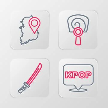 Set line K-pop, Katana, Korean hand fan and South map icon. Vector Stock Illustration