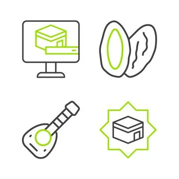 Set line Kaaba mosque, Lute, Date fruit and icon. Vector Stock Illustration