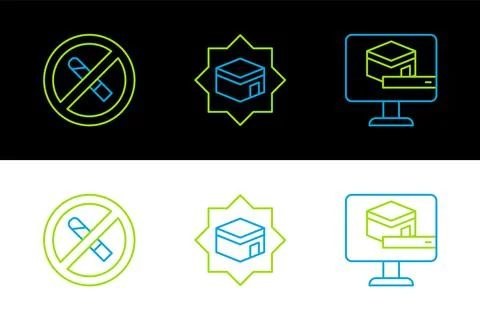 Set line Kaaba mosque, No Smoking and  icon. Vector Stock Illustration