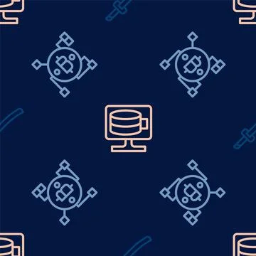 Set line Katana, Blockchain technology Bitcoin and Cloud database on seamless 스톡 일러스트