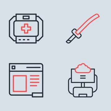 Set line Katana, Browser window, Cloud database and First aid kit icon. Vecto Stock Illustration