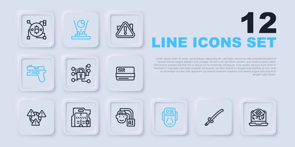 Set line Katana, Computer vision, Cyber security, Artificial intelligence r.. Stock Illustration