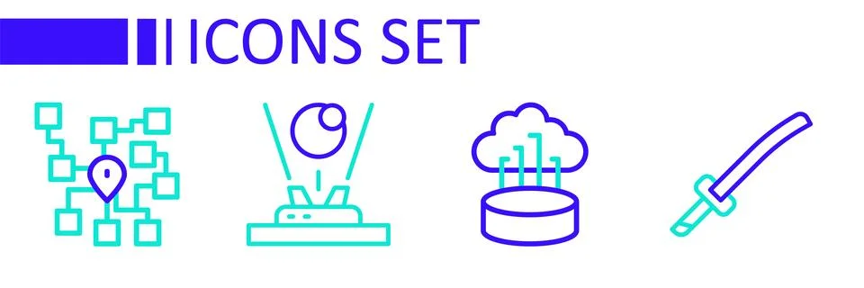 Set line Katana, Network cloud connection, Hologram and Neural network icon.. 库存插图