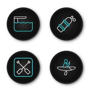 Set line Kayak and paddle, Paddle, Aqualung and Diving board or springboard.. Stock Illustration