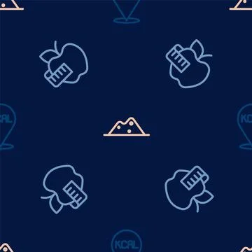Set line Kcal, Apple and measuring tape and Salt on seamless pattern. Vector Stock Illustration