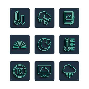 Set line Kelvin, Location cloud, Cloud with rain, Weather forecast, Moon Stock Illustration