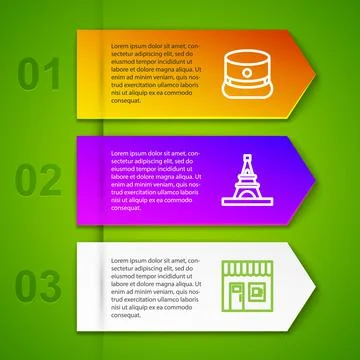 Set line Kepi, Eiffel tower, Coffee shop and Handbag. Business infographic Illustrazione stock