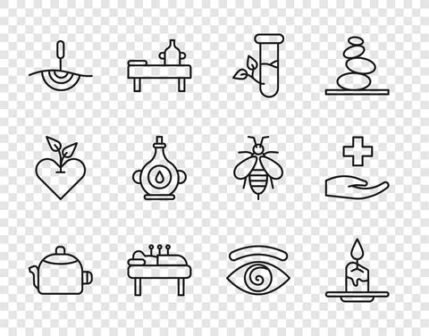 Set line Kettle with handle, Aroma candle, Laboratory glass leaves, Acupuncture Illustration