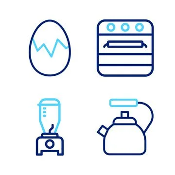 Set line Kettle with handle, Blender, Oven and Broken egg icon. Vector Stock Illustration